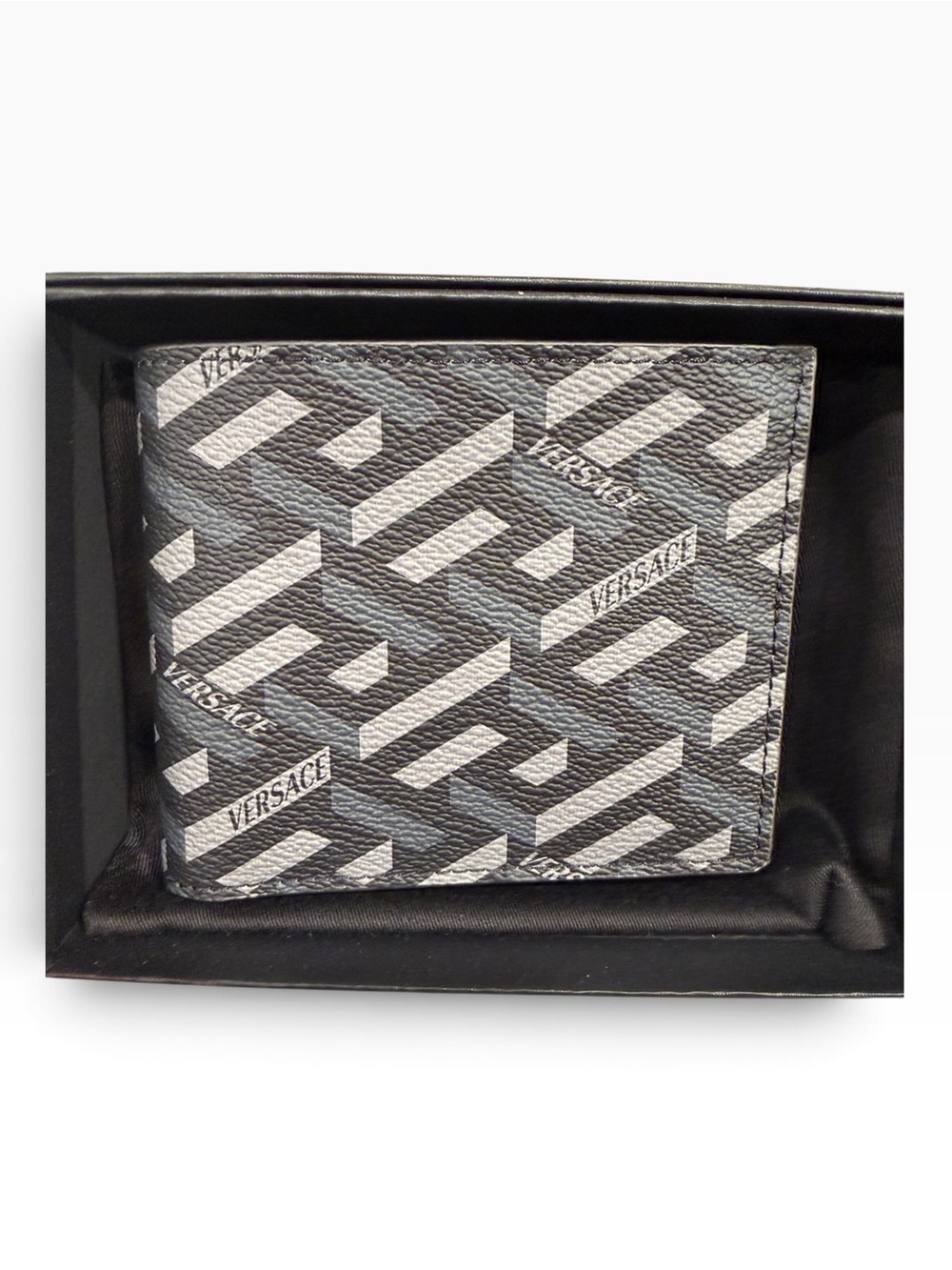 Brand new in box Versace La Greca Signature Bi-Fold Wallet in Black/Grey